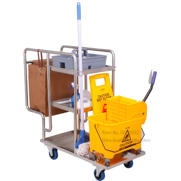 

3 Shelf Stainless Steel Janitor Cart With Cloth Bag Housekeeping Cart Hotel Mute Wheel Commercial Hotel Cleaning Cart