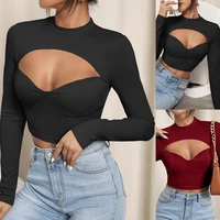 sexy spring fall gothic chest hollow out crop tops women o neck long sleeve solid slim shirt female casual tops