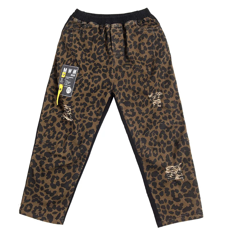 

2021 Summer Denim Trousers Cool Girls Streetwear Ankle Length Leopard Print Patched Holes Elastic Wasit Jean Harem Pants Women