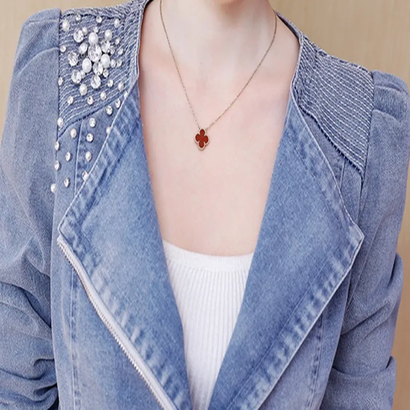 

New Spring Autumn Women Denim Jackets Stretch Slim Handmade Beaded Short Style Jacket Long Sleeves Jeans Jacket For Female Coats