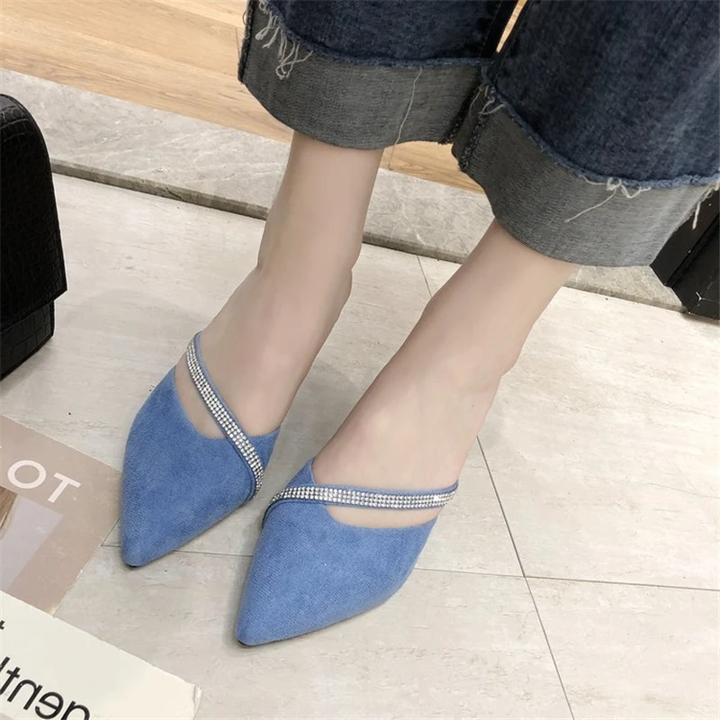 

Rhinestones Baotou Ladies Slippers Mules High Heels Summer 2020 Women Fashion Shoes for Woman Slipper Sandal Vendors Wholesale