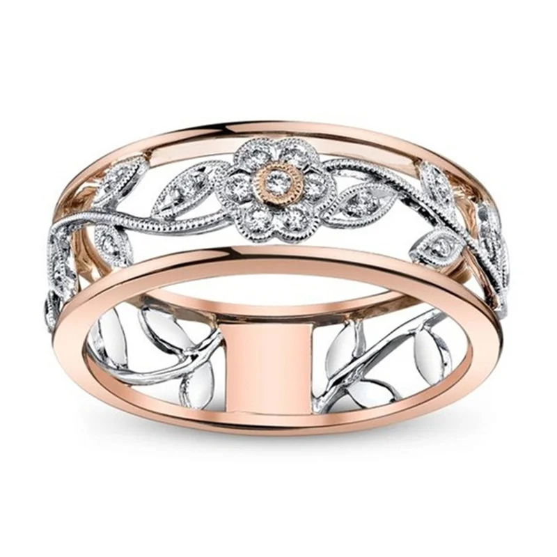 

Vintage Golden Two-Tone Plating Flower Ring for Women Engagement Party Wedding Female Rings Jewelry Hand Accessories Size 6-10