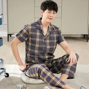 Модная Летняя мужская пижама, домашняя одежда, длинные брюки с коротким рукавом, пижама, одежда для сна, мужская хлопковая трикотажная одежда для сна и отдыха, размер соответствует размеру