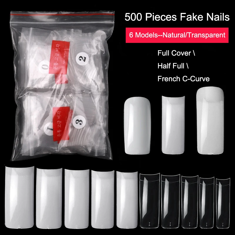 

500Pcs Fake Nails Transparent Natural Color French C-Curve/Half Full/Full Cover False Nails Art Tools Manicure Beauty Salons