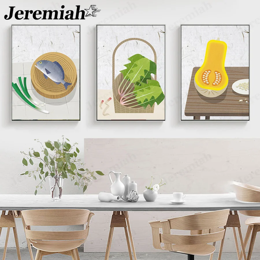 

Nordic Abstract Fruit and Vegetable Canvas Painting Simple Fish Pumpkin Cabbage Poster Wall Art Modern Home Room Decoration