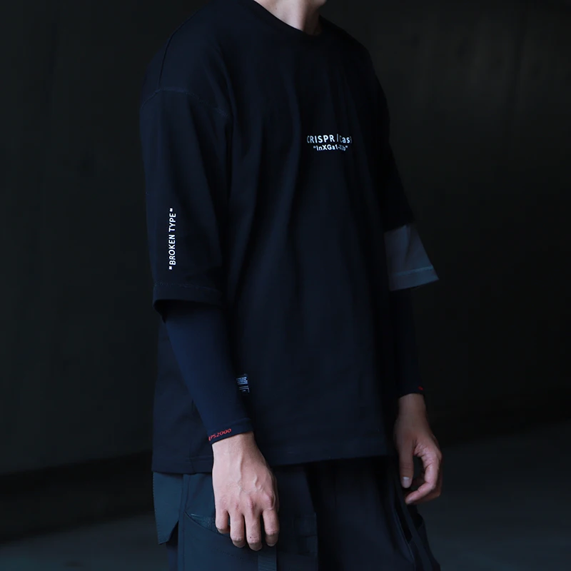 WHYWORKS 20SS Techwear графическая футболка унисекс имитация двух частей рубашка с рукавом