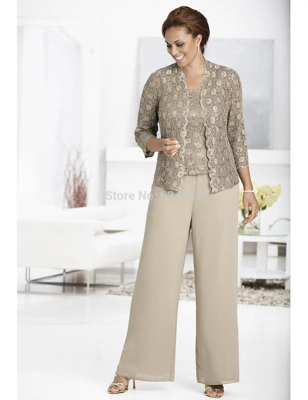 Three-piece Pant Set Ankle-Length Lace and Chiffon Mother of the Bride lace Suits with jacket Queen Anne Neckline 2020 |