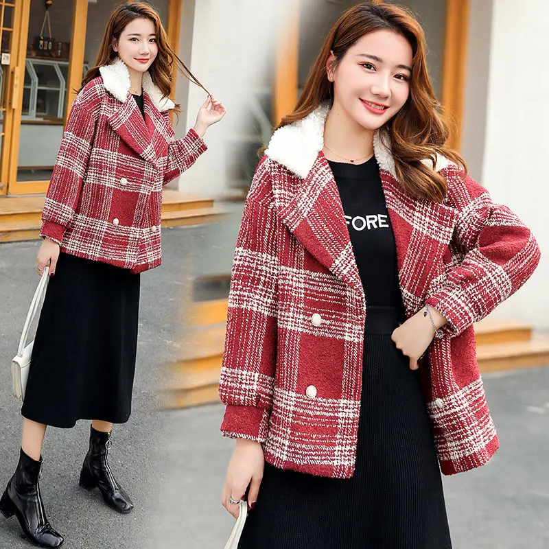 

Women Plaid Woolen Jacket Warm Winter Red Black Coats Spring Autumn Clothes