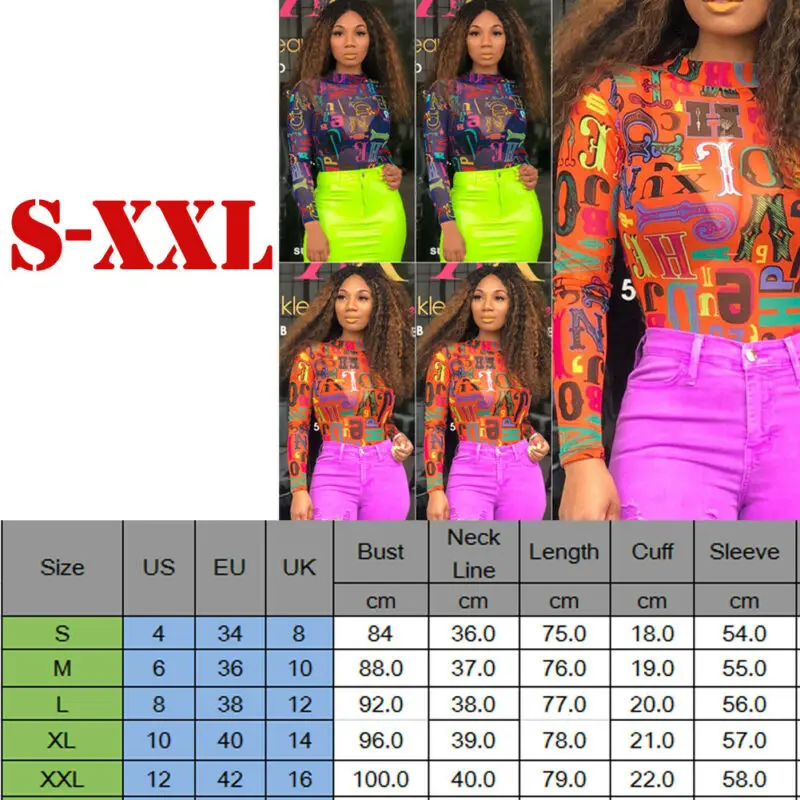 

Women Sheer Mesh Lace Letter Print Jumpsuit Long Sleeve Top Shirt Turtleneck Bodysuit Skinny Slim See Through Sexy Hot Clothes
