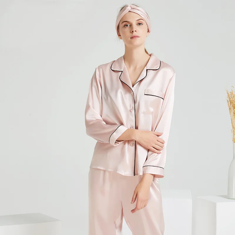 Pink Pajamas Young Lady Sexy 2PCS Sleep Suit 100% Silk Intimate Lingerie Spring New Sleepwear Loose Silky Kimono Bath Gown