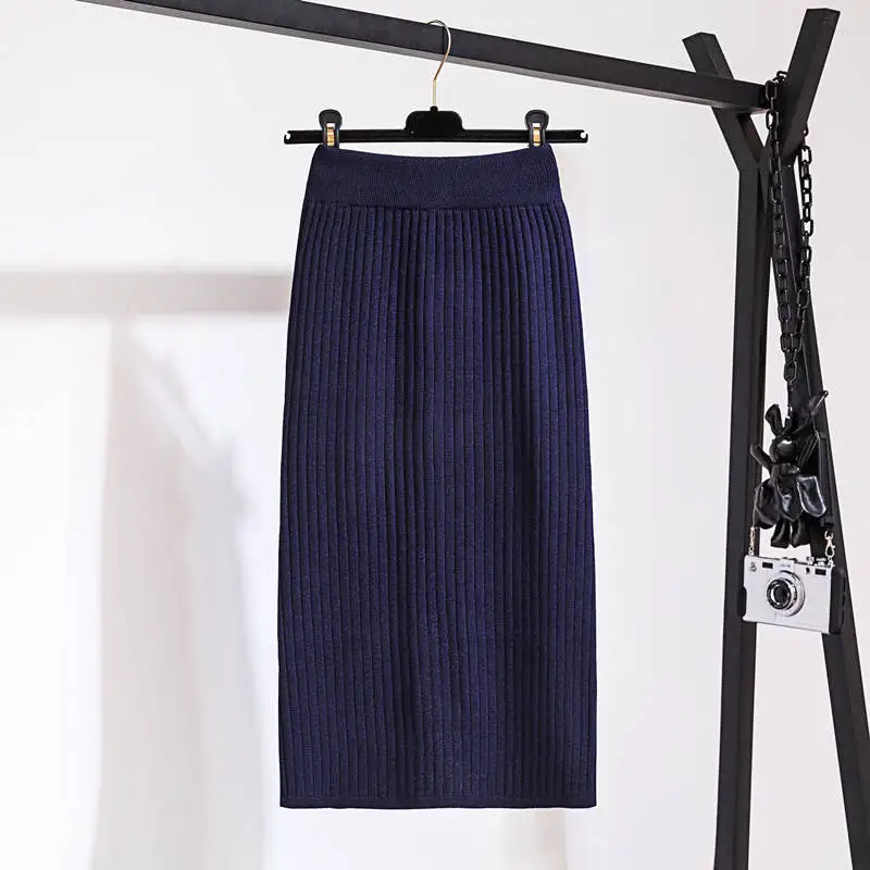 Faldas mujer moda осень зима женские трикотажные юбки однотонные сексуальные длинные юбки с разрезом faldas largas mujer - Цвет: navy blue