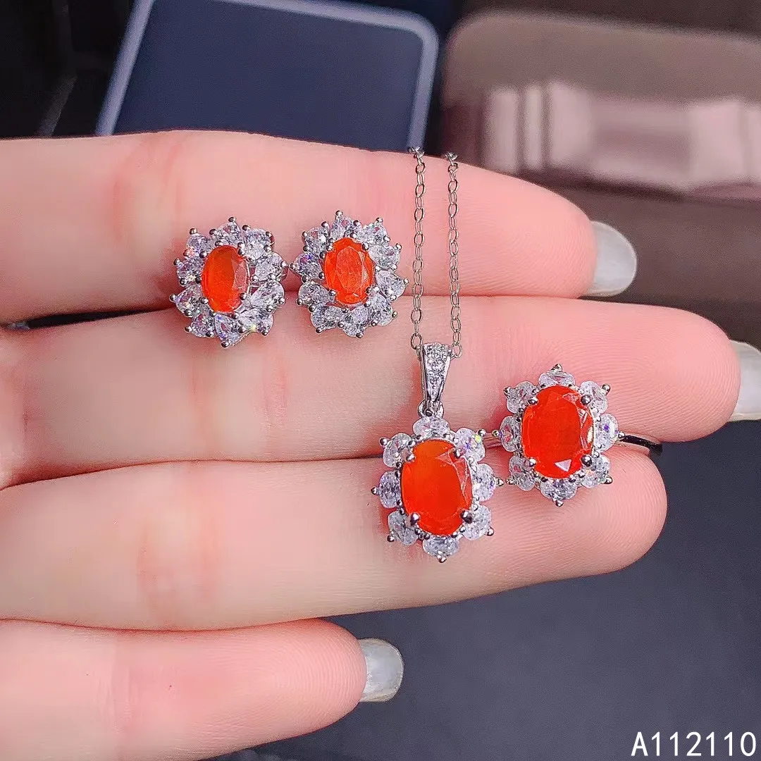 

Fine Jewelry 925 Pure Silver Inset With Natural Gem Women's Luxury Fashion Flower Fire Opal Pendant Ring Earring Set Support Det