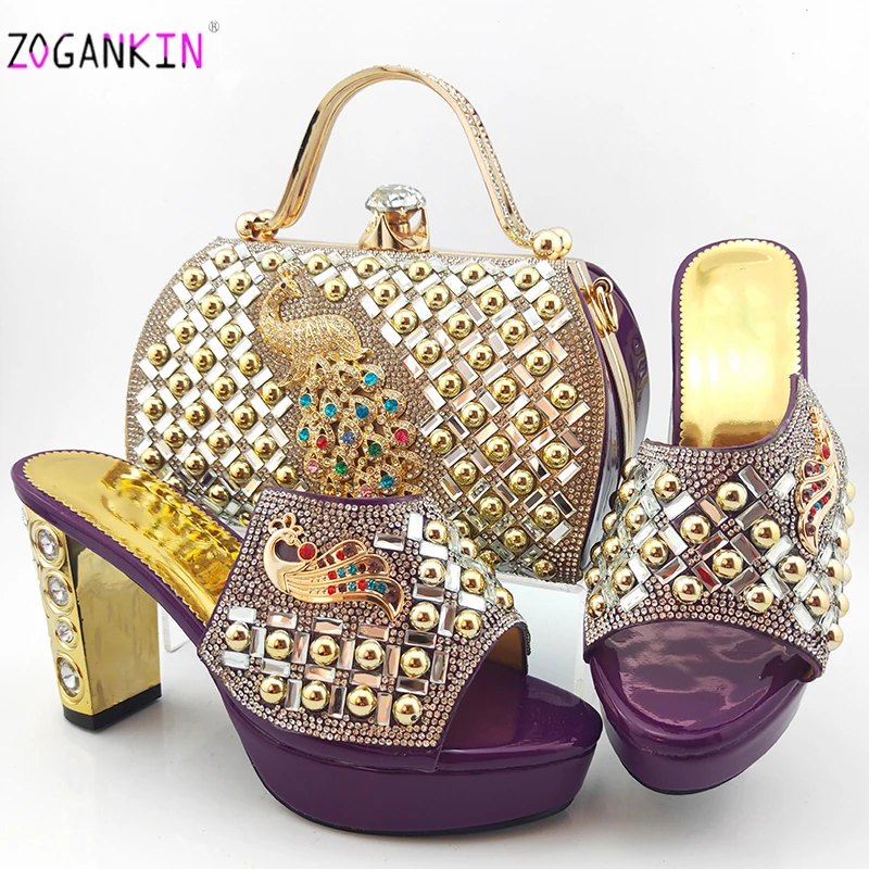 

2020 Elegant Style Women Shoes and Bag to Match Ten Color For Wedding Nigerian Lady Shoes Matching Bag with Shinning Crystal