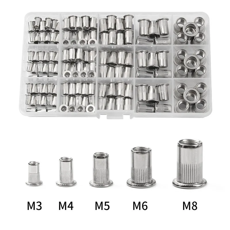 

150 PCS M3 M4 M5 M6 M8 Stainless Steel Flat Head Rivet Nuts Set Insert Reveting Multi Size Rivet Nuts