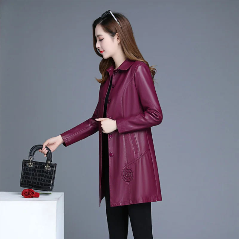 Autumn winter new Korean leather women fashion medium-length lapel slim pu leather windbreaker Female plus size women's overcoat enlarge