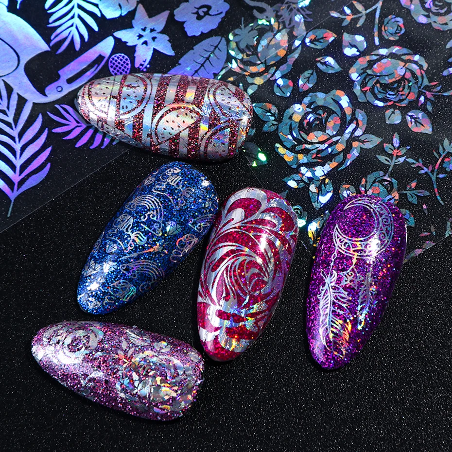 10pc Holographic Foils Nail Transfer Wraps Lace Flower Snowflake Clear Black Adhesive Sticker Set Nail Foil Gradient Tips CH1040