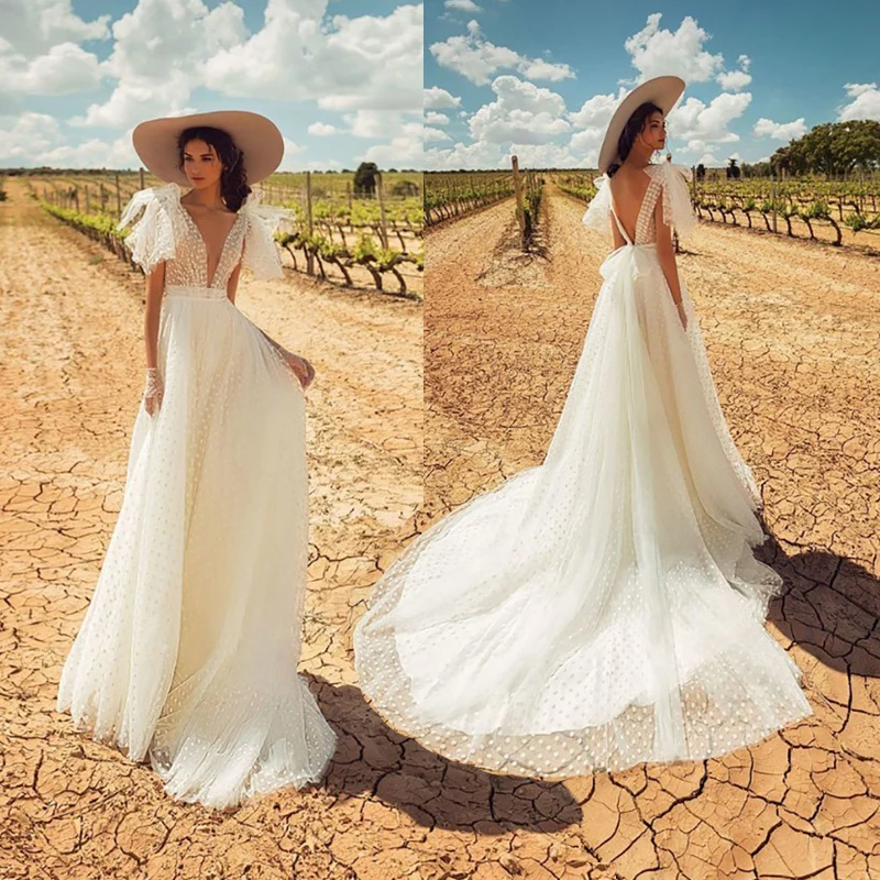 

A-line Wedding Dress 2021 Backless Elegant Bride Gowns Classic White Point Long Dress Abito Da Sposa Vestido De Noiva