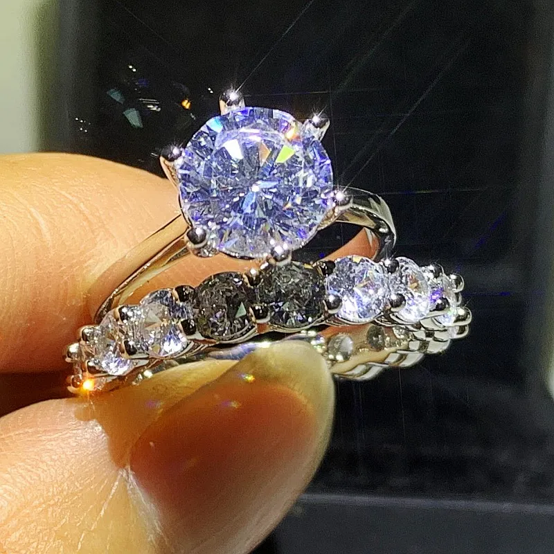 

Парные кольца с крупными бриллиантами, роскошные ювелирные изделия из настоящего серебра 925 пробы с круглым вырезом и белым топазом, женское свадебное кольцо с бриллиантами, размеры 5-10