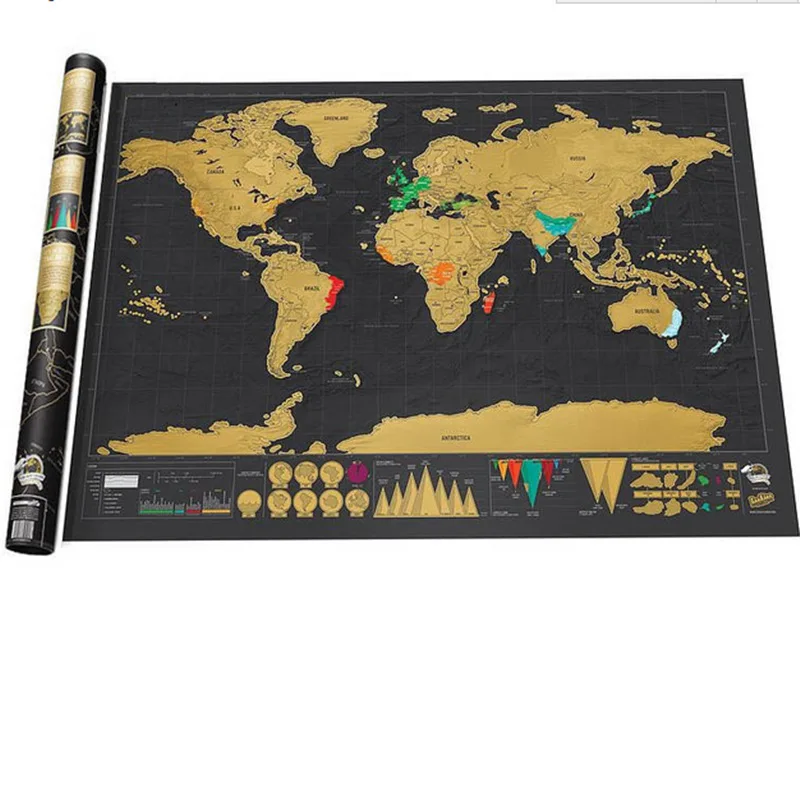 

Professional Small Black Gold World Travel Map Home Decoration Wall Sticker Classroom Education Tools Teachers Scratch Paper
