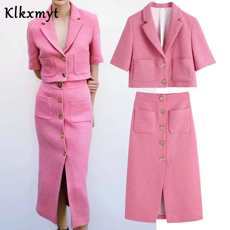 

Klkxmyt ZBZA 2 Pieces Set Women New Fashion Pink Texture Short Blazer Jacket And High Waist Midi Skirts Women Two Pieces Sets