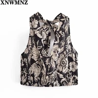 xnwmnz 2021 women blouse knotted black print crop top female vintage wide straps elastic hem sleeveless woman summer blouses