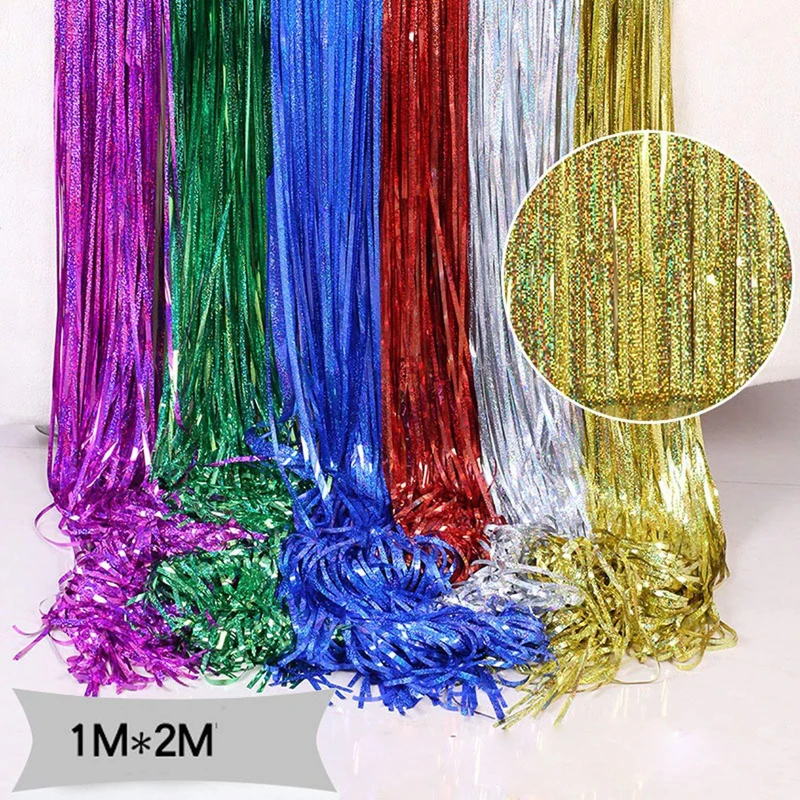 

1mx2m Christmas Party Decoration Backdrop Thicken Curtains Laser Gold Tinsel Fringe Foil Curtain Birthday Wedding Wall Decor