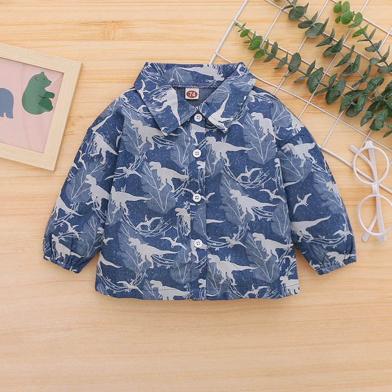 Baby Toddler Clothes Trendy Dinosaur Print Denim Jacket Autumn and Winter Long Sleeve T-Rex T-Shirt  Children's Clothing