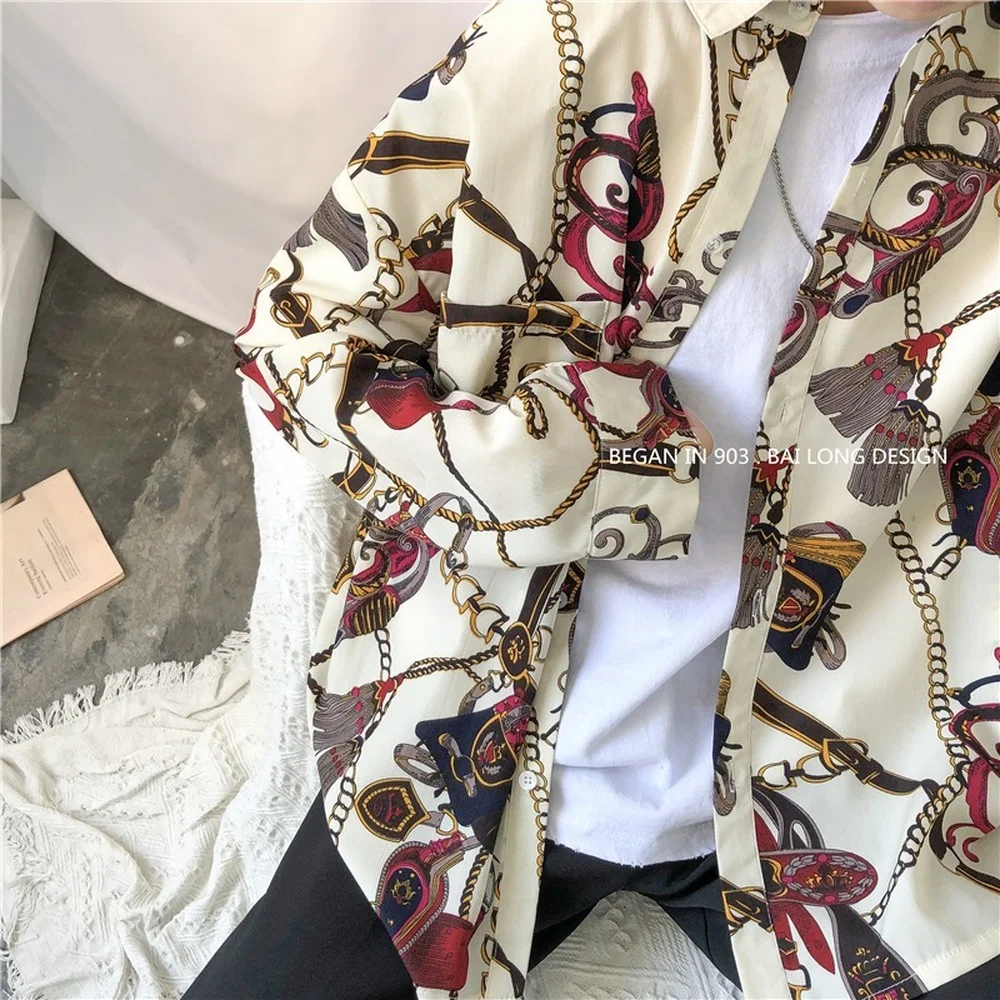 

Men's Chiffon Long Sleeve Shirts 2021 Spring New Luxurious Print Sun Protection Shirt Harajuku Streetwear Couples Clothing