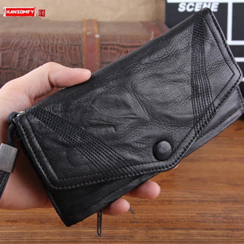 

Кошельки из козьей кожи для подиума, мужские кожаные длинные кошельки с защелкой, мужской клатч, сумка из овечьей кожи, винтажный Кошелек дл...