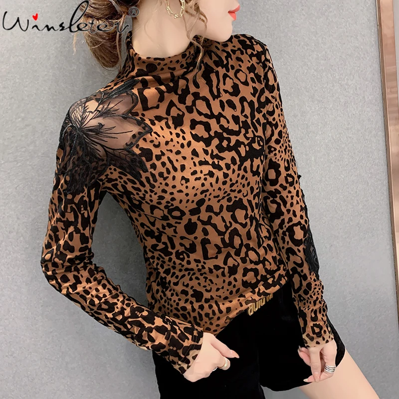 

New 2021 Leopard Flocking T-Shirt Tops For Womens Girls Mesh Leaf Patchwork Fashion Women Clothing Long Sleeve T0N608A