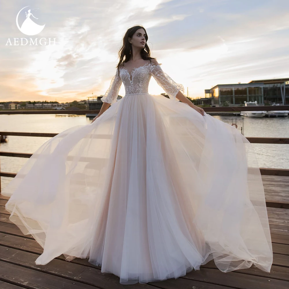 

Aedmgh A-Line Wedding Dresses 2022 Sweetheart Three Quarter Vestido De Novia Appliques Sequined Illusion Beach Robe De Mariee