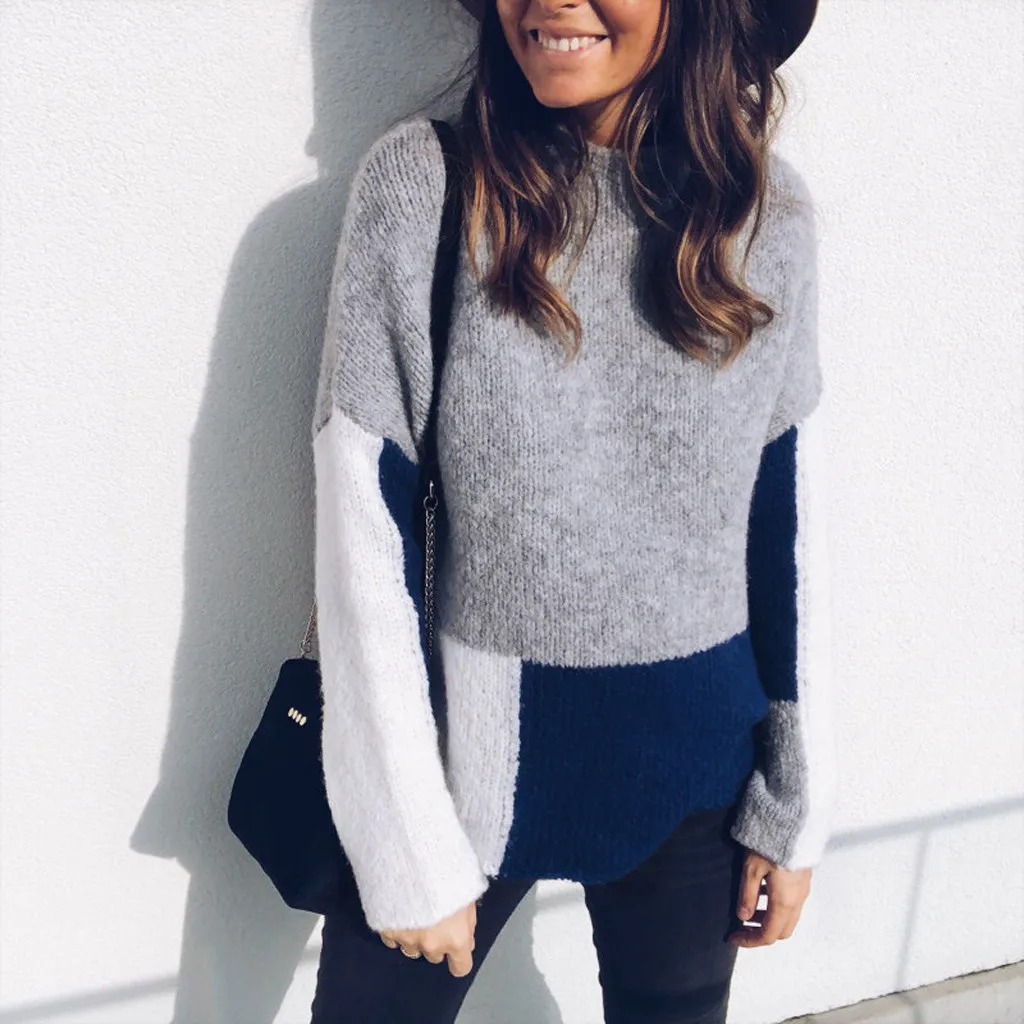 Женский свитер с круглым воротником синий лоскутный головной убор длинными