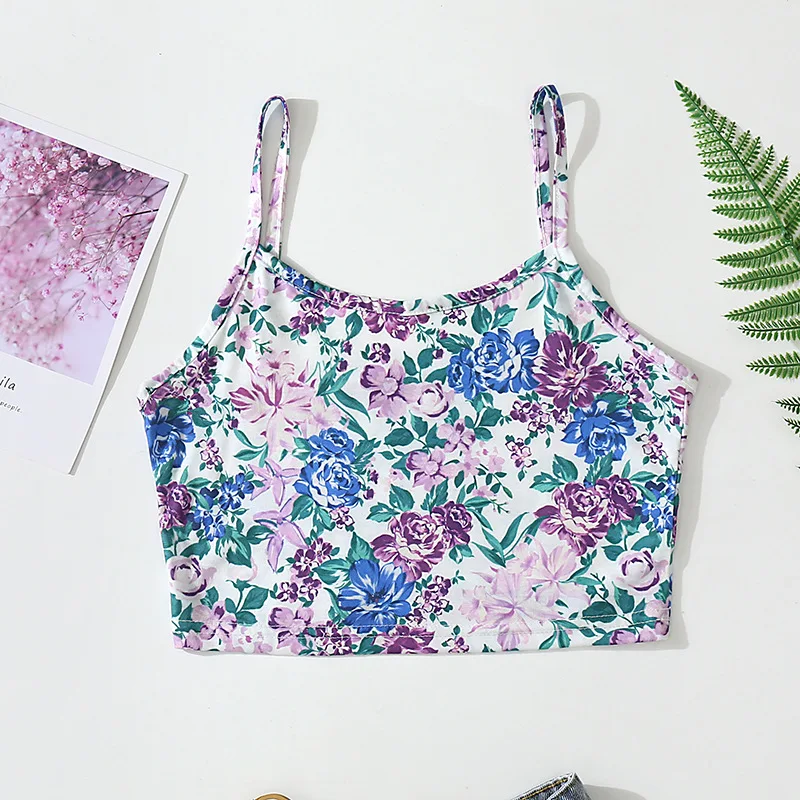 

Summer Floral Printed Crop Tops Women Sleeveless Short Camisole Y2K Aesthetics Spaghetti Strap Tops 90S Streetwear Outfits