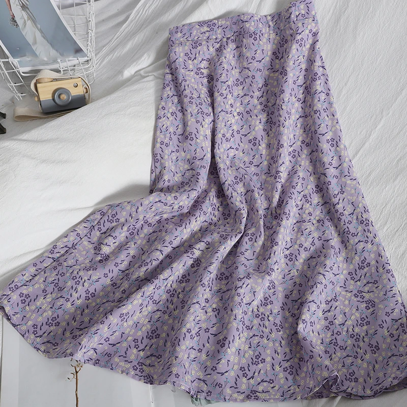 

Floral Skirt Spring and Autumn Summer Women's Draping Skirt New Mid-Length Skirt Chiffon High Waist A- line Skirt