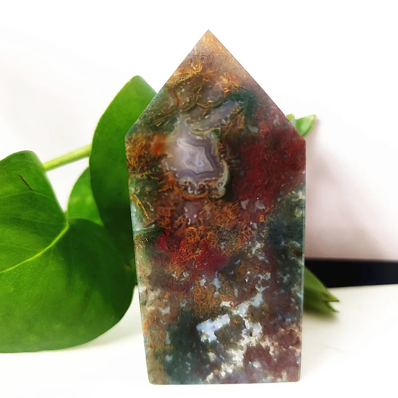 

Natural Moss Agate Crystal Tower Wand Point Stone Obelisk Home Decoration Hexagonal Prisms Wicca Chakra Healing Crystals Decor