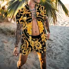 Комплект Гавайский мужской из 2 предметов, рубашка с короткими рукавами, пляжные шорты, повседневный костюм с принтом, на пуговицах, лето 2021