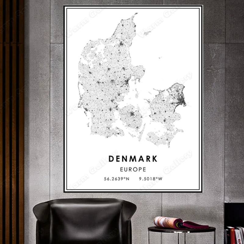 Черно-белая фотография карта Дания городская Плакат HD печать на стене рисунок