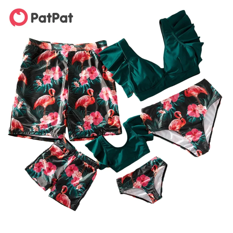 

PatPat Ruffle Sleeve Flamingo Print Family Matching Swimsuits