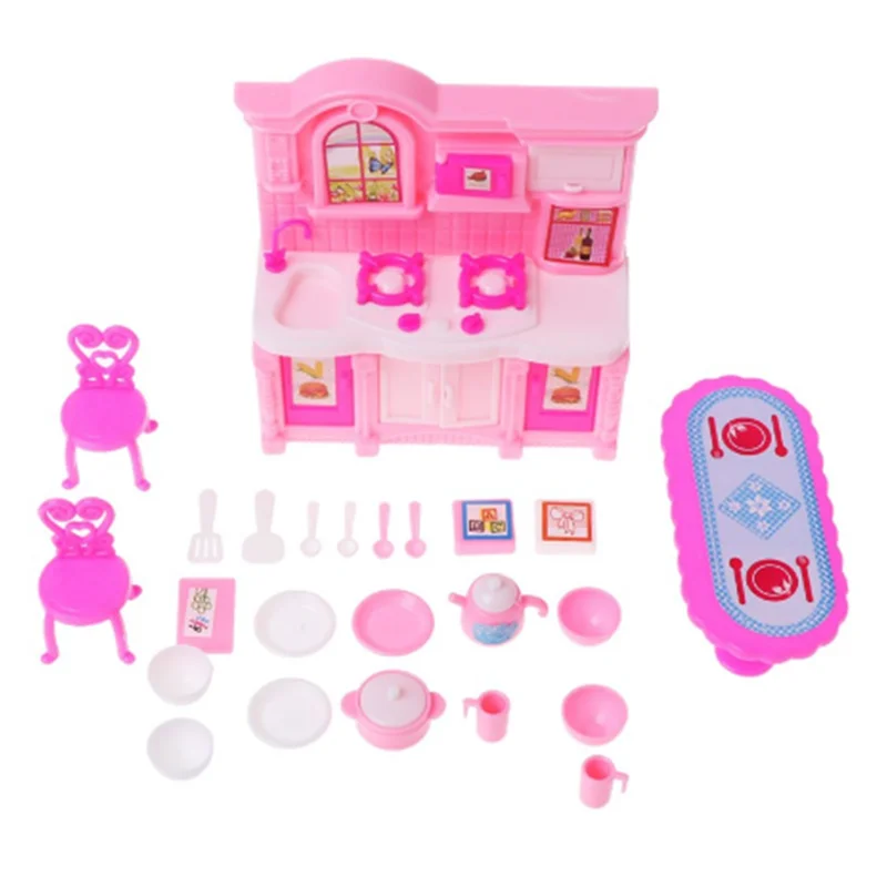 

26 Items/Lot Miniature Accessories Mini Kitchen Dollhouse Furniture Toys Table Chair Dish Set For Barbie Game Girl DIY Present