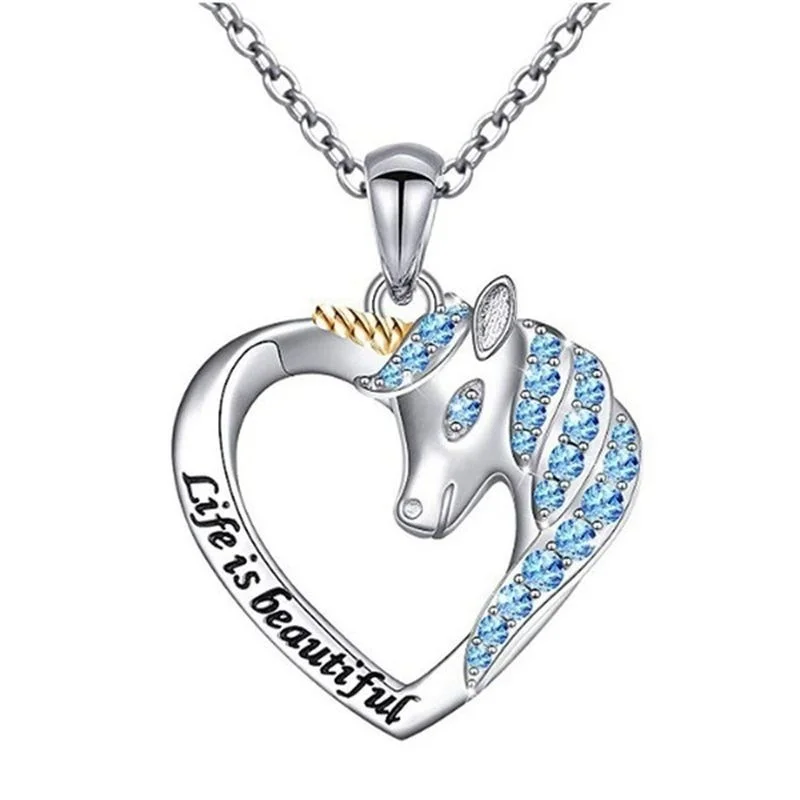 

New Cute Animal Unicorn Heart Pendant Necklace Women's Necklace Crystal Inlaid Metal Sliding Pendant Accessory Party Gift