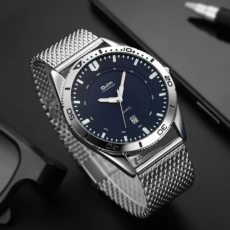 Oulm Мужские часы черные нержавеющая сталь сетчатый ремешок Авто Дата кварцевые