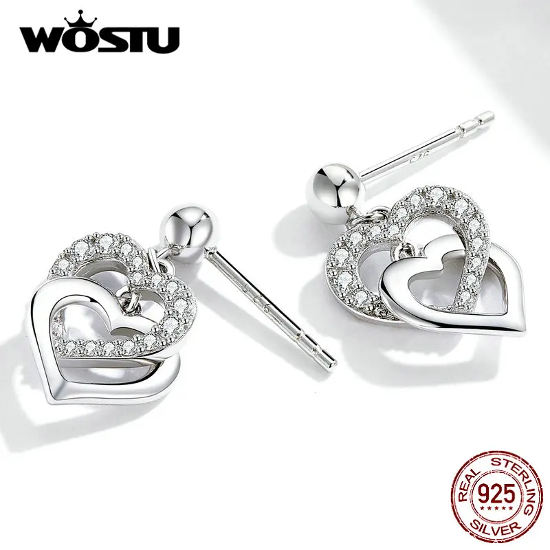 WOSTU, 925 пробы, серебряные, от сердца до сердца, висячие серьги, свадебные, циркон, висячие серьги для женщин, обручение, роскошные ювелирные изделия CQE732
