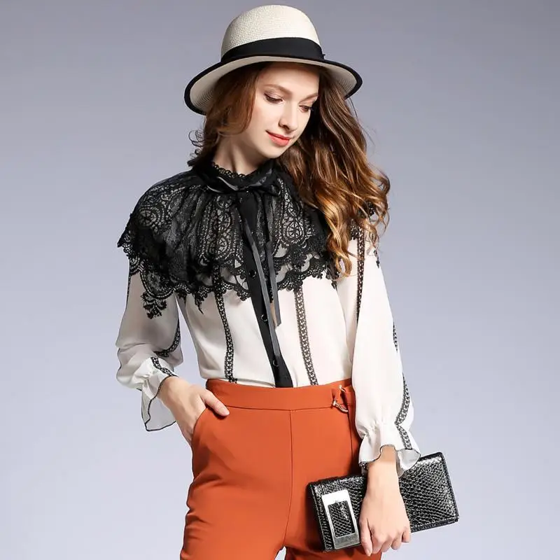 Шифоновые кружевные рубашки в полоску с бантом ретро-стиле облегающие Блузы