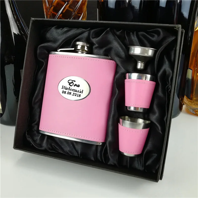 Персонализированная овальная плоская фляжка 7 унций с 2 кожаными чашками в