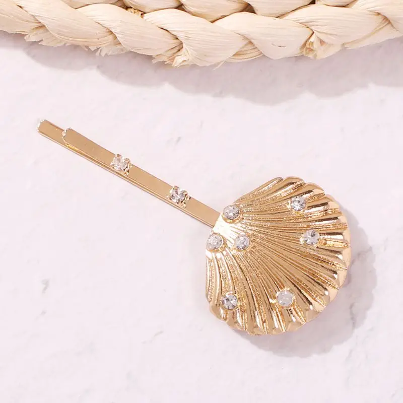 Marine Style Women Metallic Gold Duckbill Hair Clip Faux Pearl Rhinestone Starfish Shell Hairpin Beach Holiday Wedding Barrette