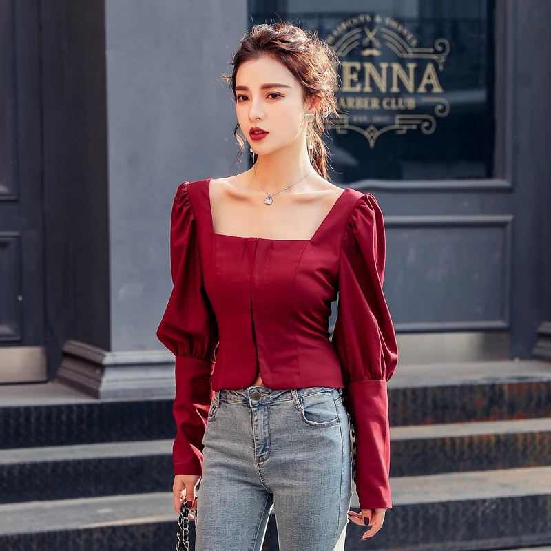 Весна 2020 Новая Винтажная Красная футболка с длинным рукавом и вырезом лодочкой