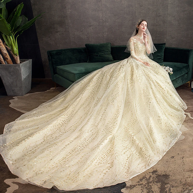 Gold Lace Muslim Wedding Dress With Big Train 2021 New High Neck Full Sleeve  Gown Vintage Bridal  X