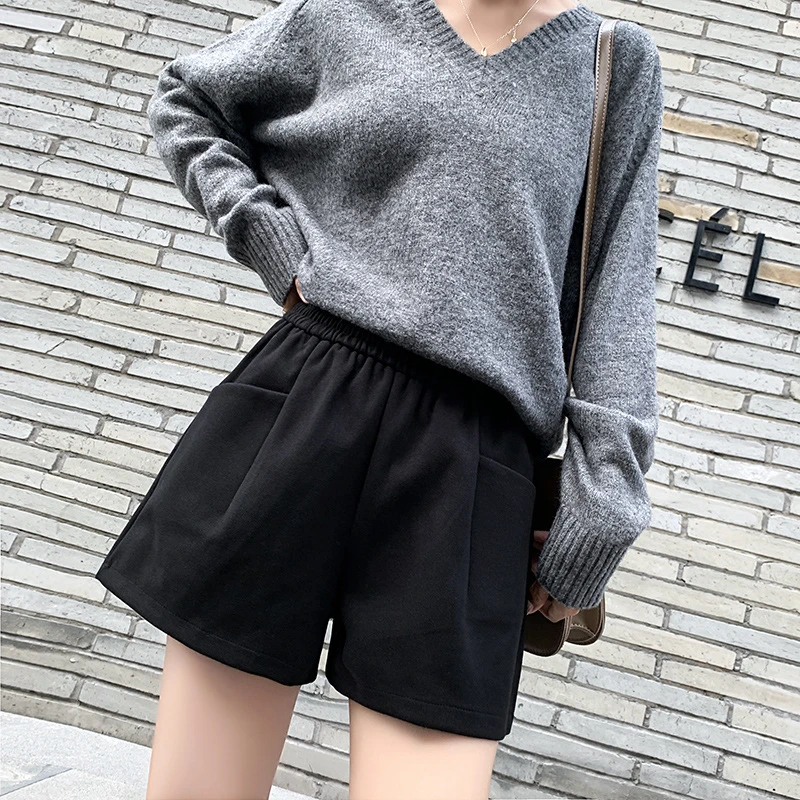 Осенние Женские однотонные шорты корейские шерстяные трапециевидной формы с