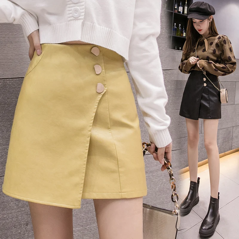 Women Trend Solid PU Faux Leather Skirt 2019 New Autumn Winter Black Yellow Apricot Mini Streetwear Female Irregular Hem Skirts | Женская
