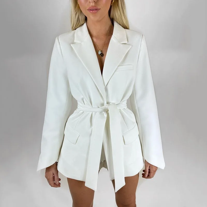 

Peling Fashion Autumn And Winter Women Cardigan Short Dress High Waist Long Sleeve Elegant Blazers Sashes Pockets Slim Vestidos